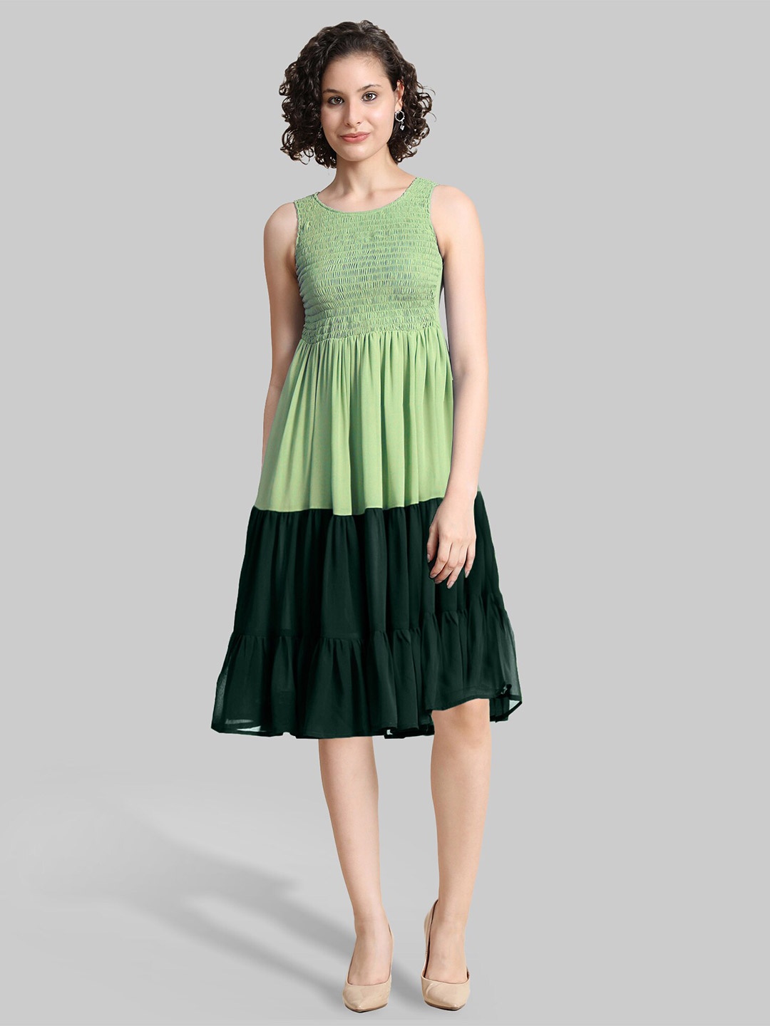 

TOOCHKI Colourblock Smocked Tiered Georgette Fit & Flare Midi Dress, Olive