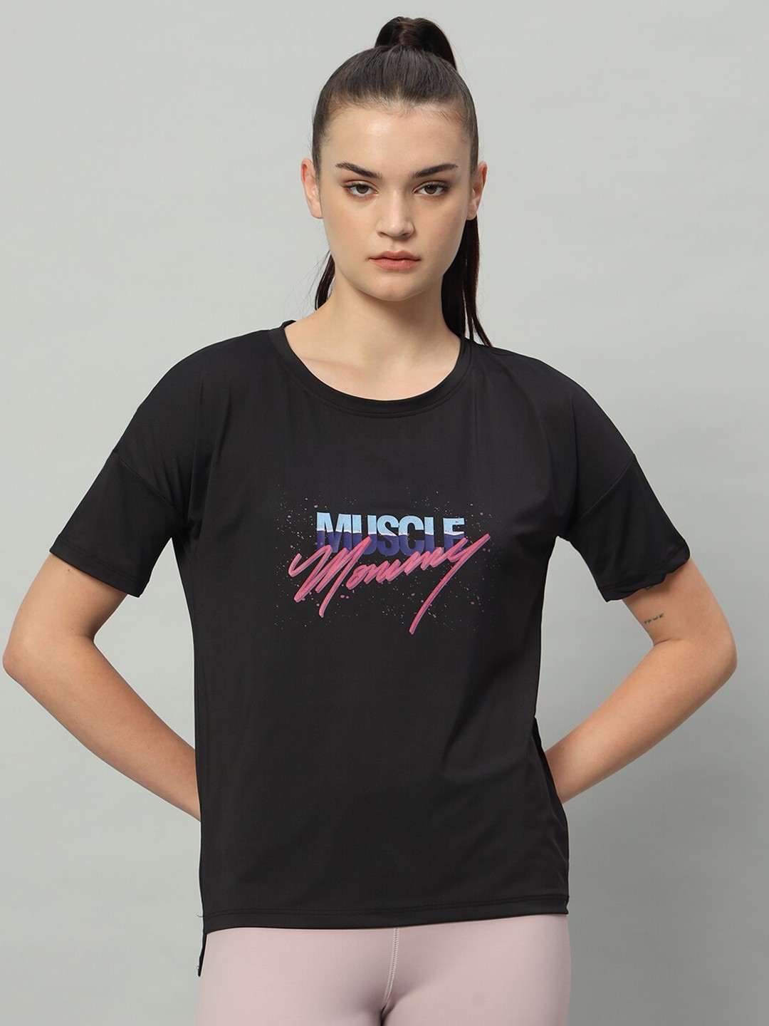 

MKH Typography Printed Relaxed Fit Drop-Shoulder Sleeves Dri-Fit T-shirt, Black