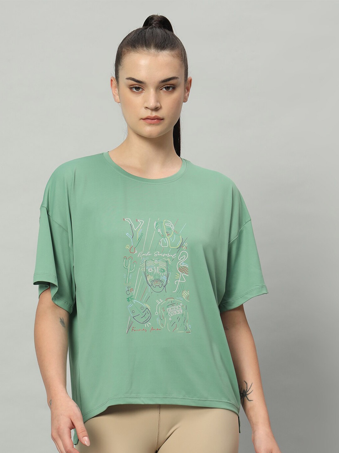 

MKH Graphic Printed Relaxed Fit Drop-Shoulder Sleeves Dri-Fit T-shirt, Green