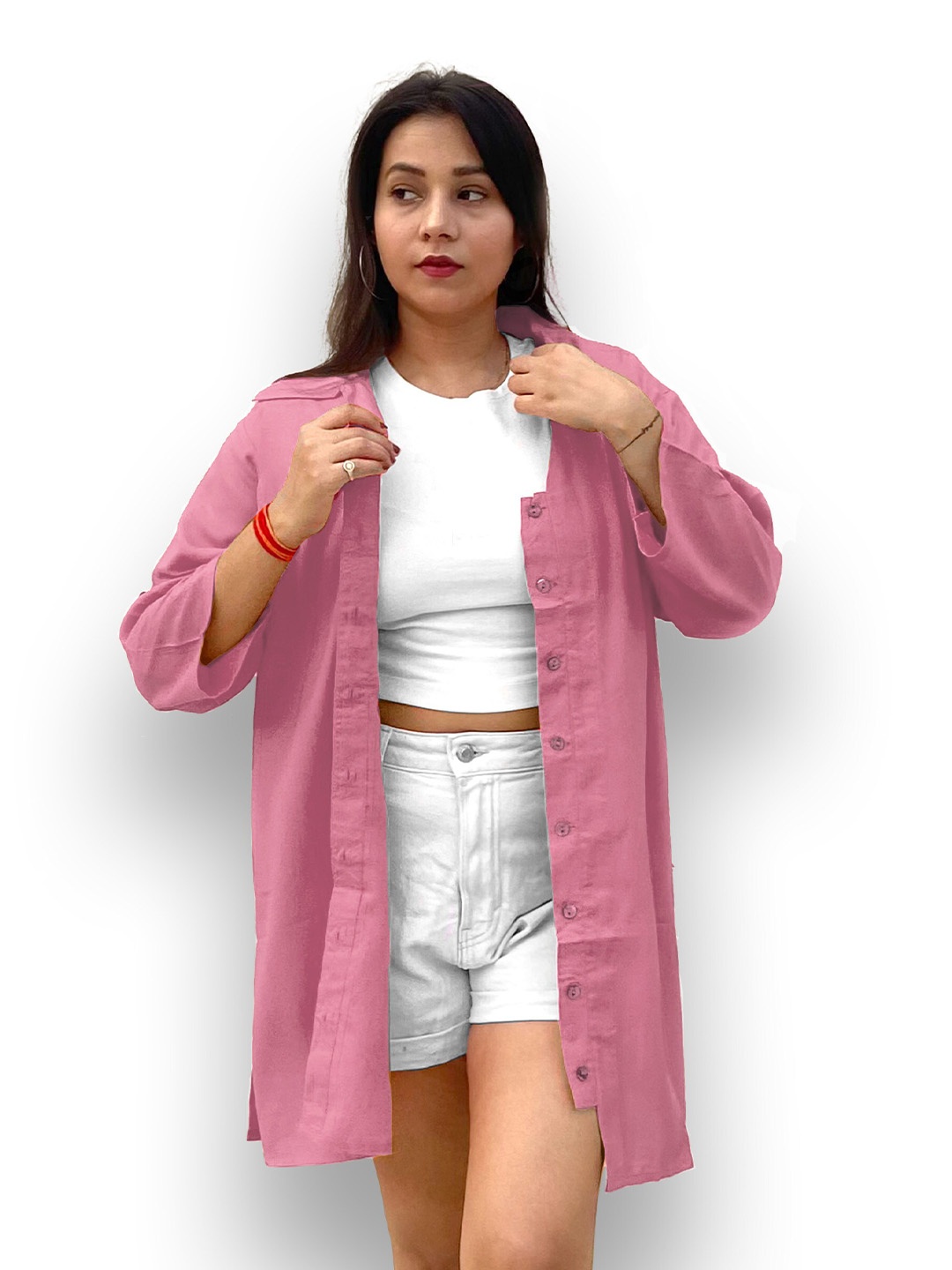 

Indietoga Rayon Classic Oversized Casual Longline Shirt, Pink