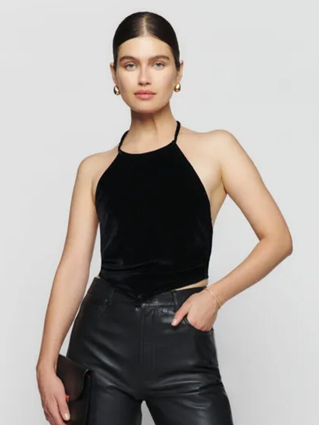 

MARZENI Halter Neck Velvet Crop Cami Top, Black