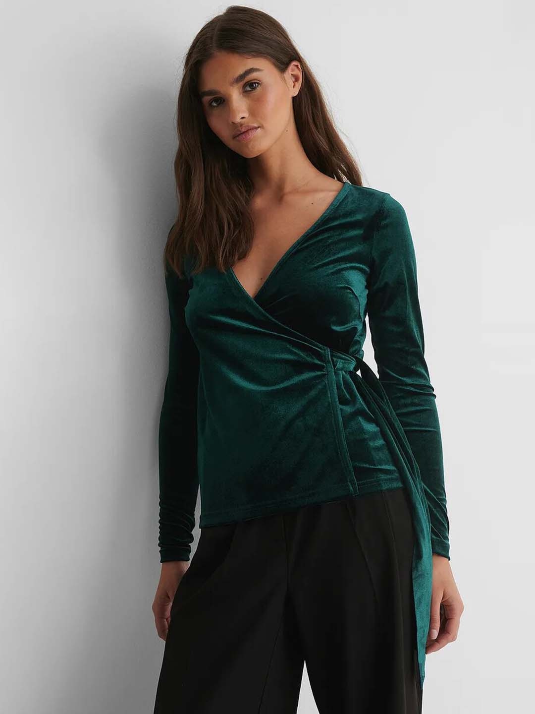 

MARZENI V-Neck Knitted Wrap Top, Green