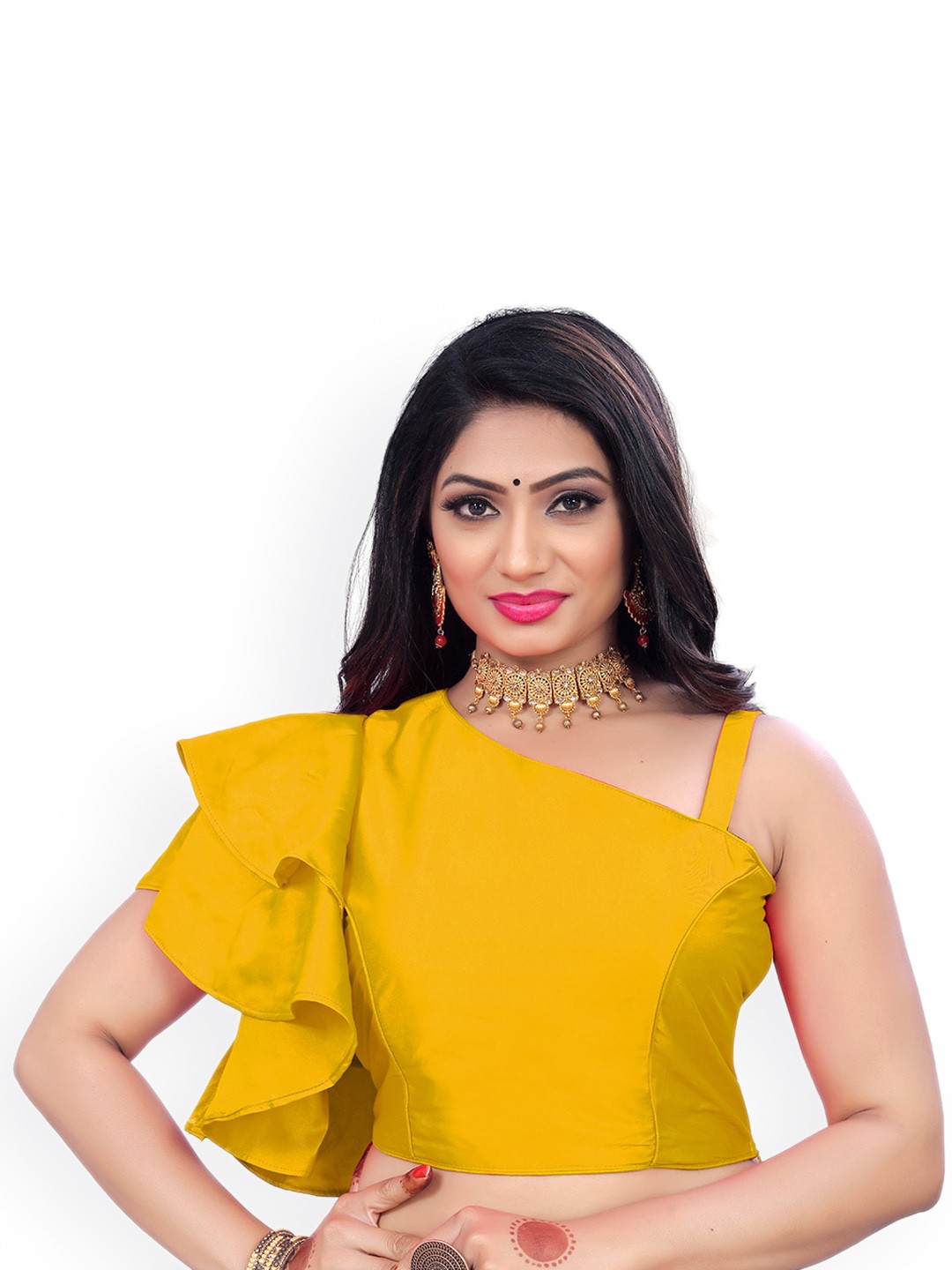 

Reeta Fashion Ruffled Sleeveless Satin Padded Saree Blouse, Yellow