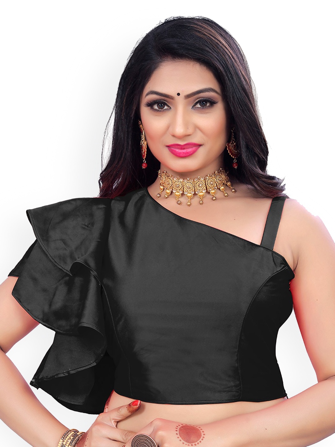 

Reeta Fashion Asymmetric Neck Ruffles Detailed Padded Satin Saree Blouse, Black