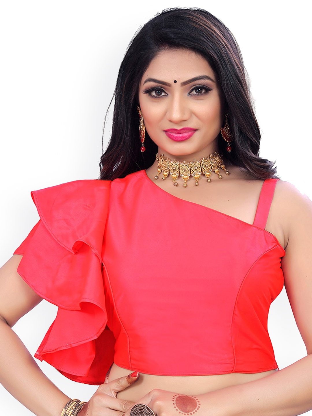 

Reeta Fashion Asymmetric Neck Ruffles Detailed Padded Satin Saree Blouse, Peach
