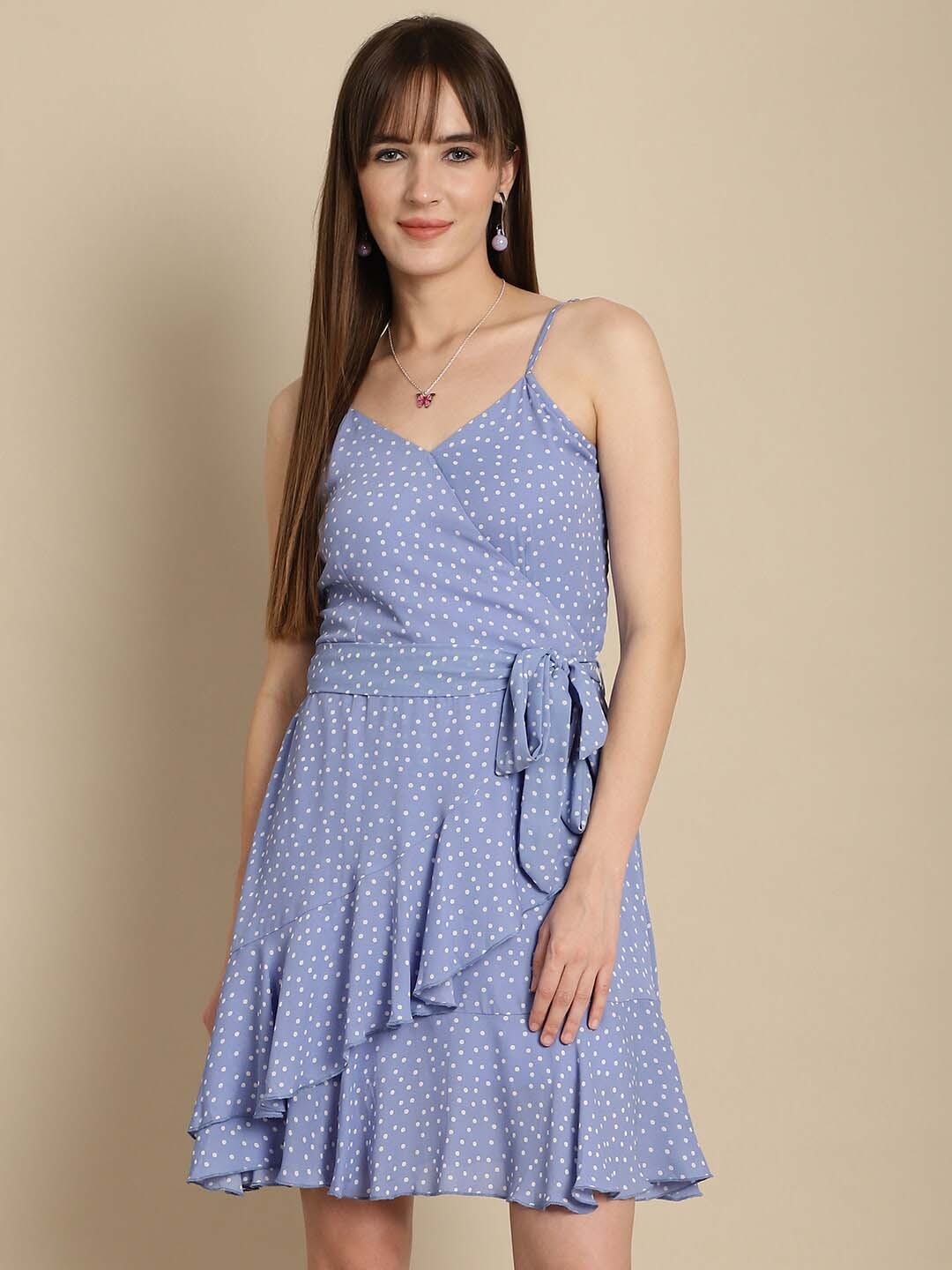 

La Zoire Polka Dot Print Ruffled Georgette Fit & Flare Dress, Blue