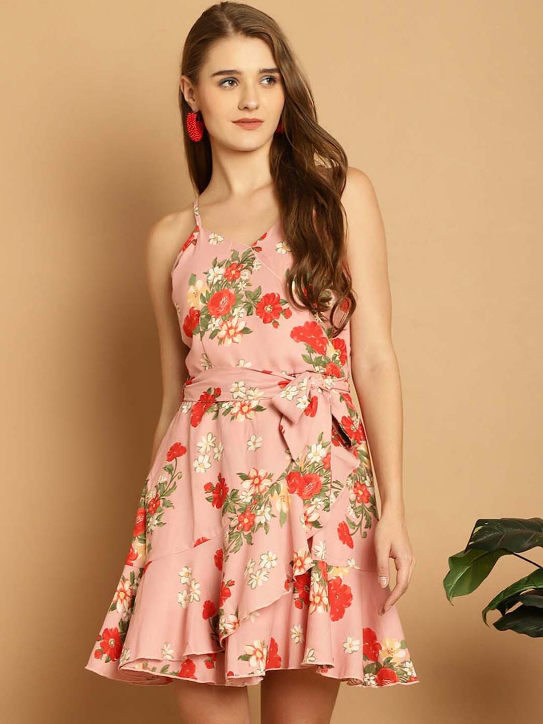 La Zoire Floral Print Ruffled Georgette Fit & Flare Dress, Pink