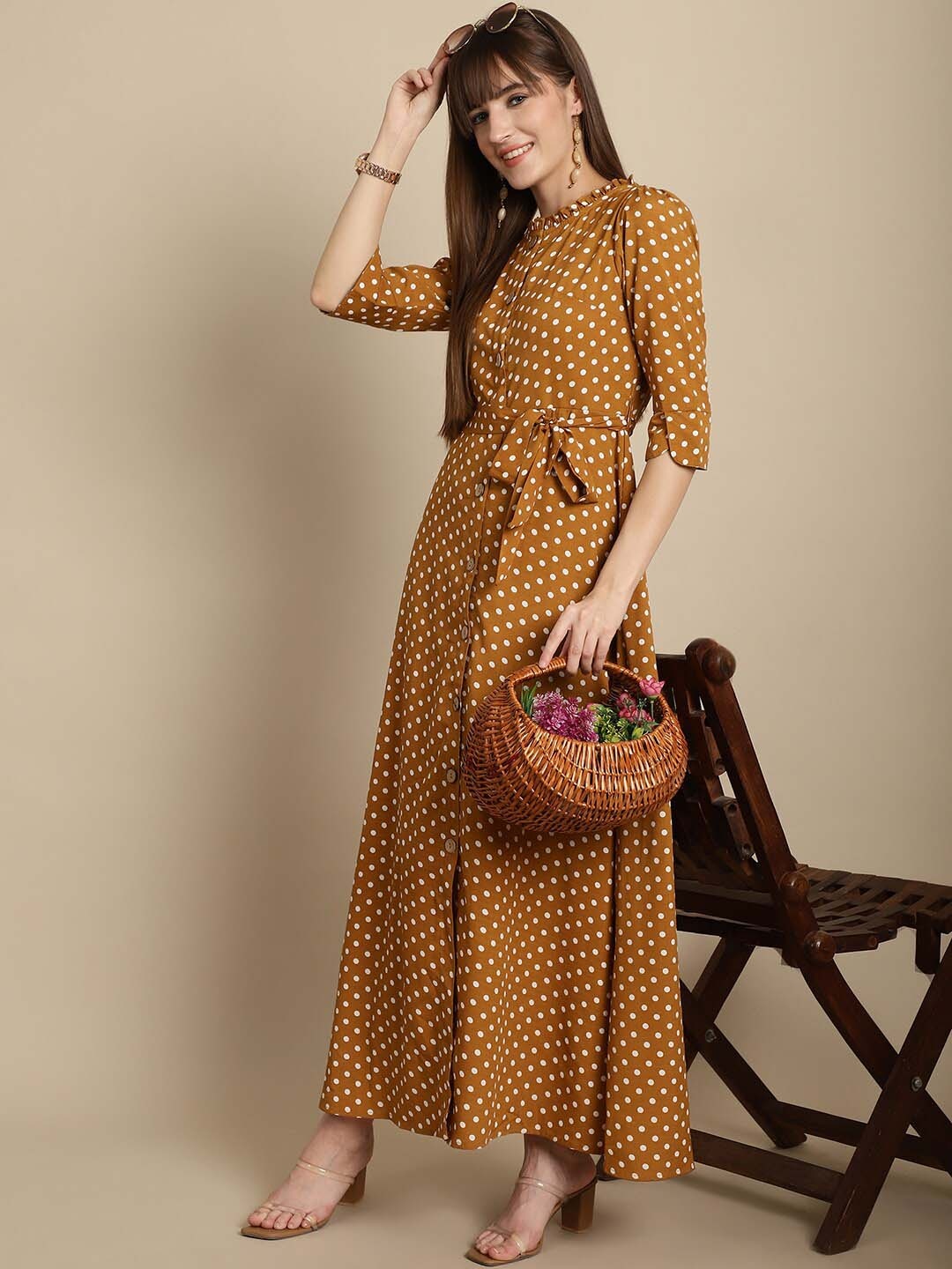 

La Zoire Polka Dot Print Mandarin Collar Crepe Maxi Dress, Mustard