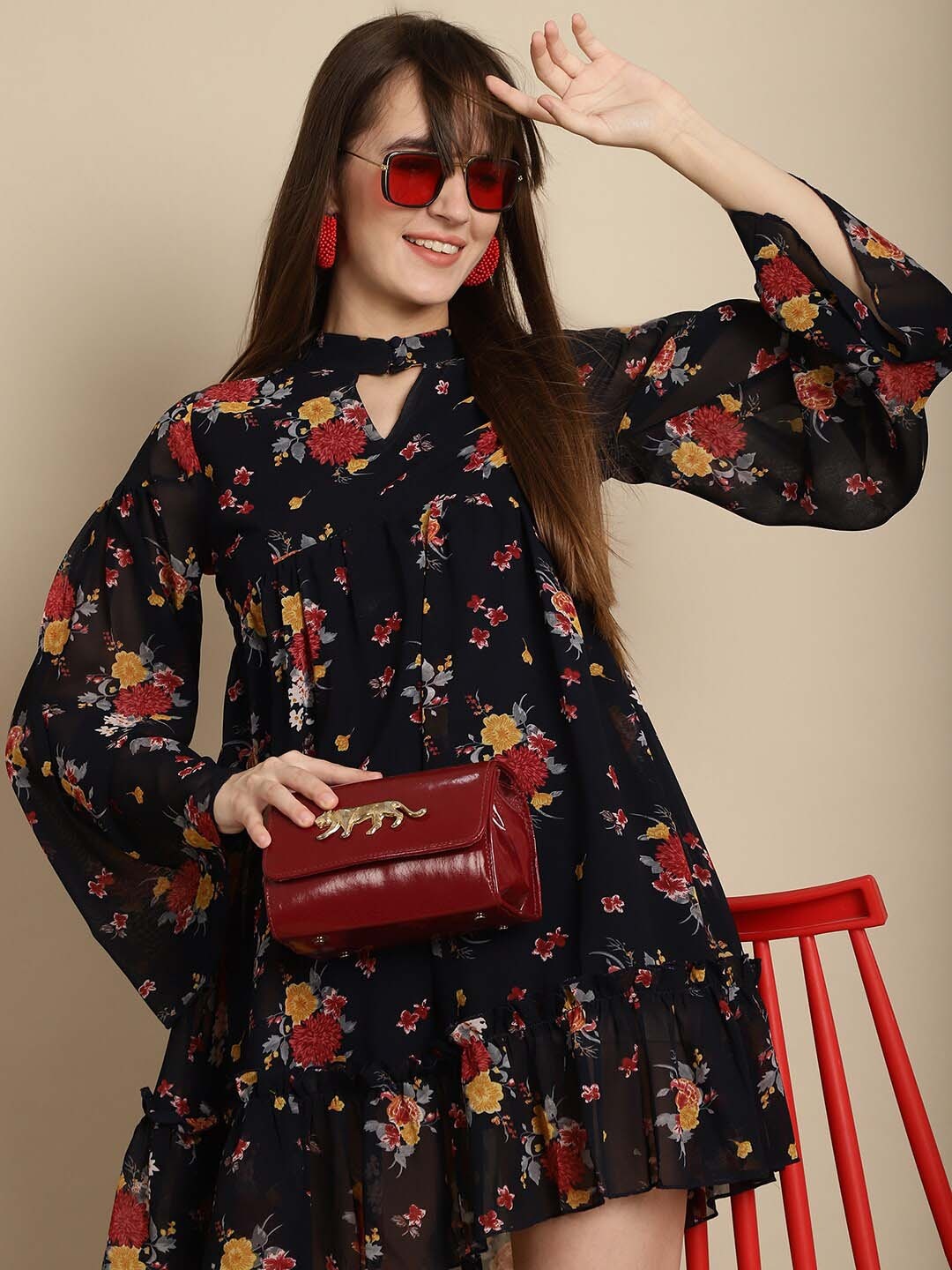 

La Zoire Floral Print Flared Sleeve Georgette A-Line Mini Dress, Navy blue
