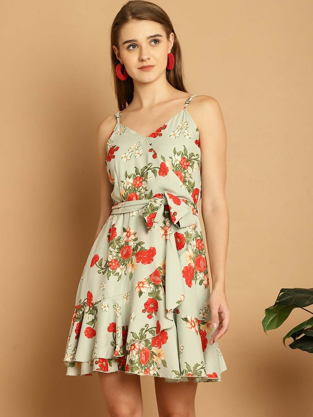 

La Zoire Floral Print Shoulder Straps Georgette Fit & Flare Dress, Sea green