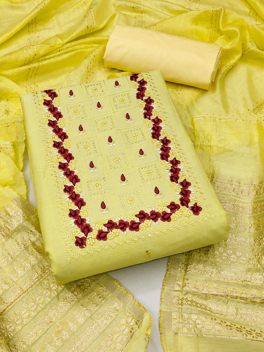 

LeeliPeeri Designer Floral Embroidered Unstitched Dress Material, Yellow