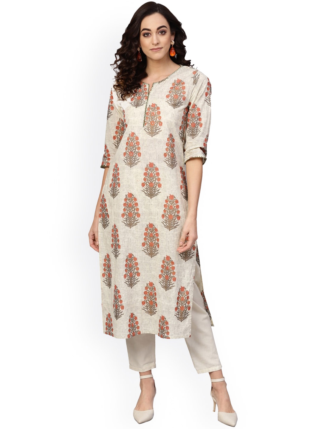 

KALINI Floral Printed Thread Work Straight Kurta, Beige