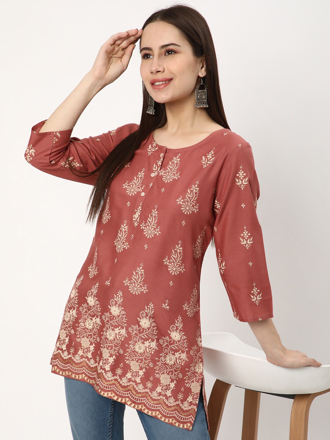 

R&B Ethnic Motifs Print Round Neck Top, Pink