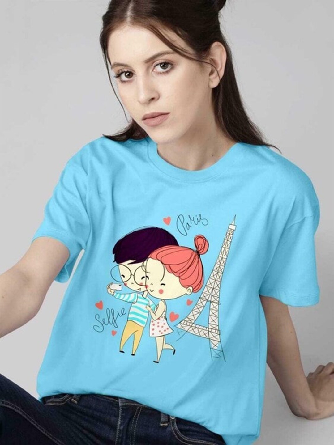 

GLITO Graphic Printed Drop Shoulder Sleeves Oversized T-shirt, Blue