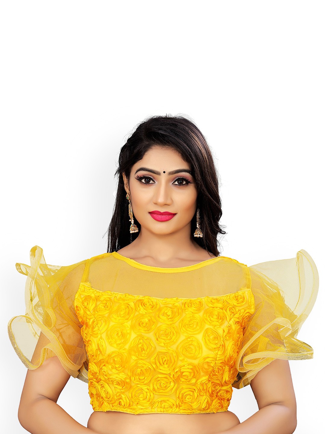 

Reeta Fashion Embroidered Boat Neck Padded Net Blouse, Yellow