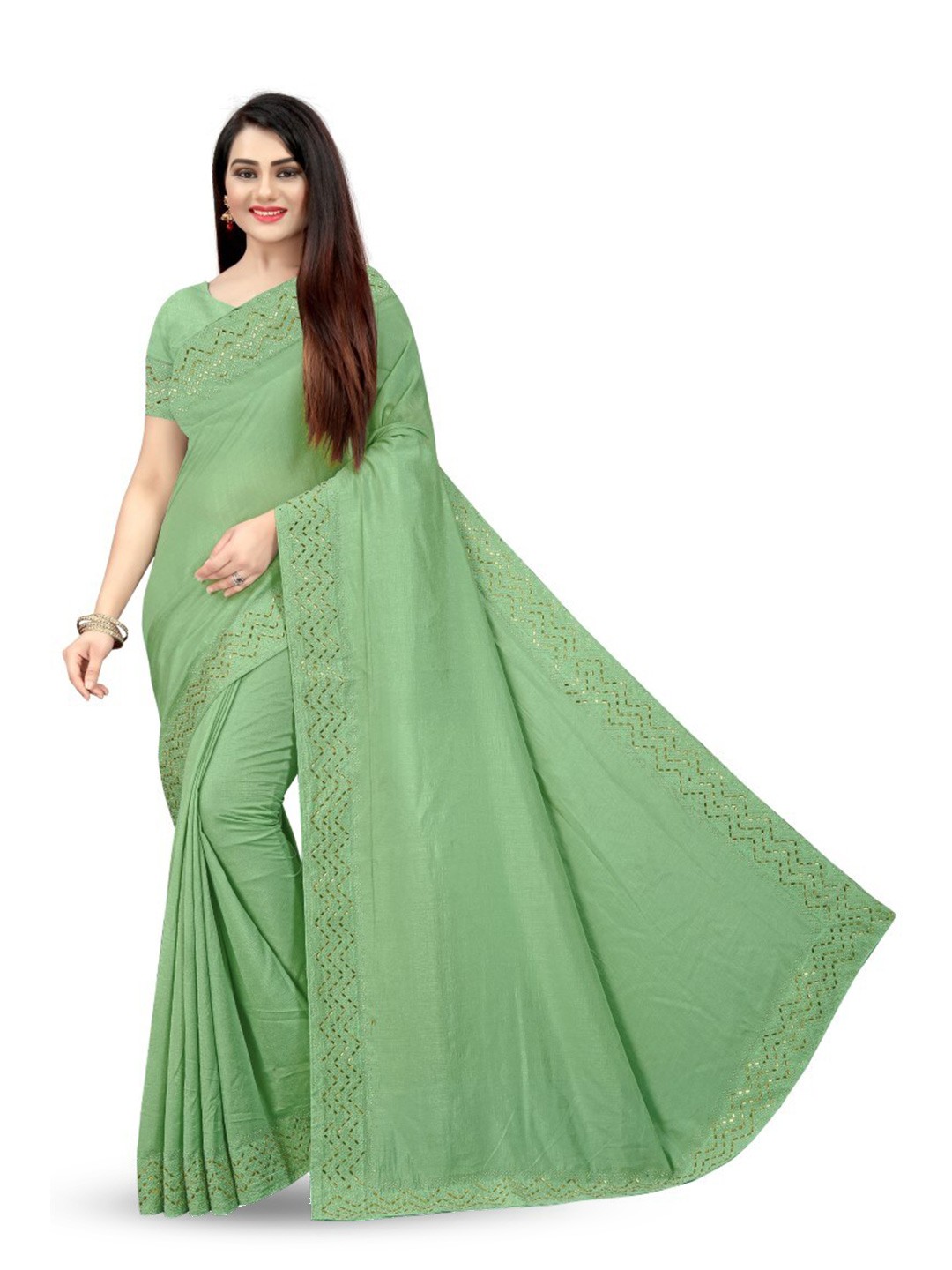 

PUNYATHA CREATION Beads and Stones Chanderi Saree, Olive