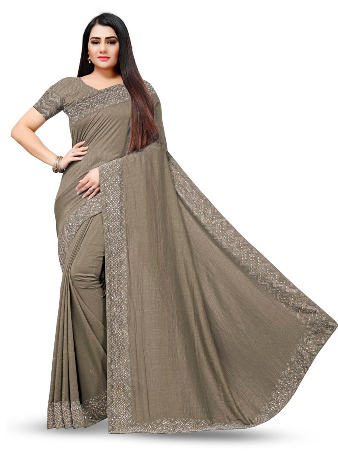 

PUNYATHA CREATION Beads And Stones Embellished Saree, Coffee brown