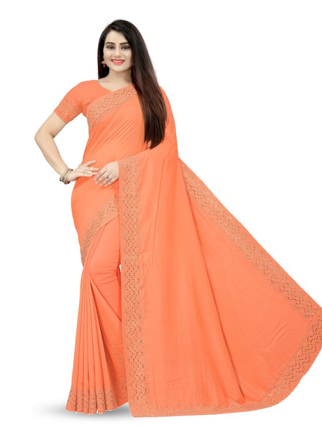 

PUNYATHA CREATION Beads And Stones Embellished Chanderi Saree, Rust