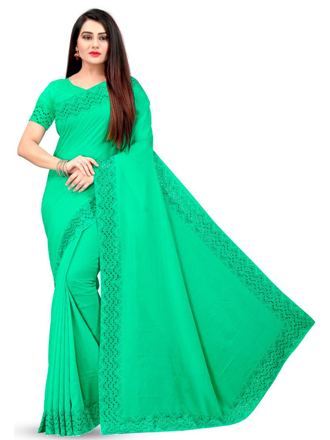 

PUNYATHA CREATION Beads And Stones Embellished Chanderi Saree, Sea green