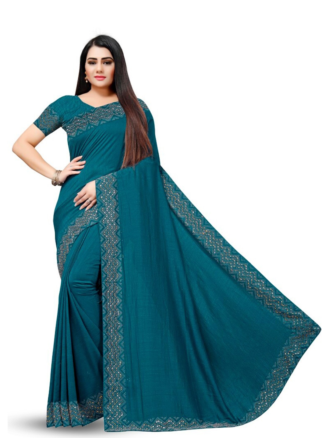 

PUNYATHA CREATION Beads And Stones Embellished Chanderi Saree, Teal