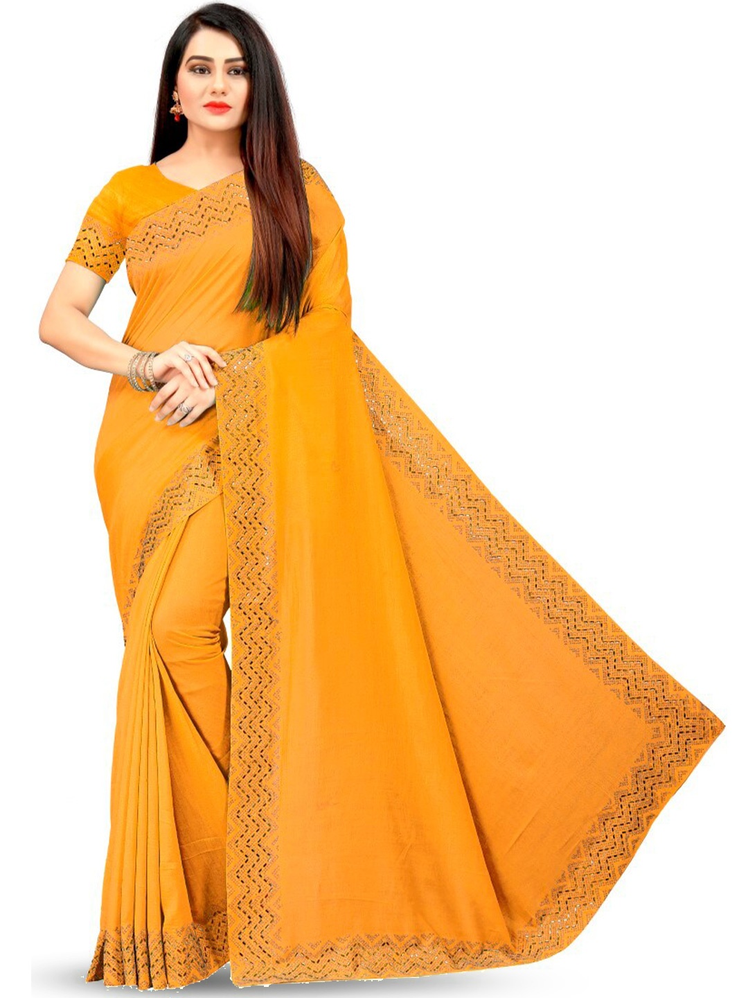 

PUNYATHA CREATION Beads And Stones Embellished Chanderi Saree, Mustard