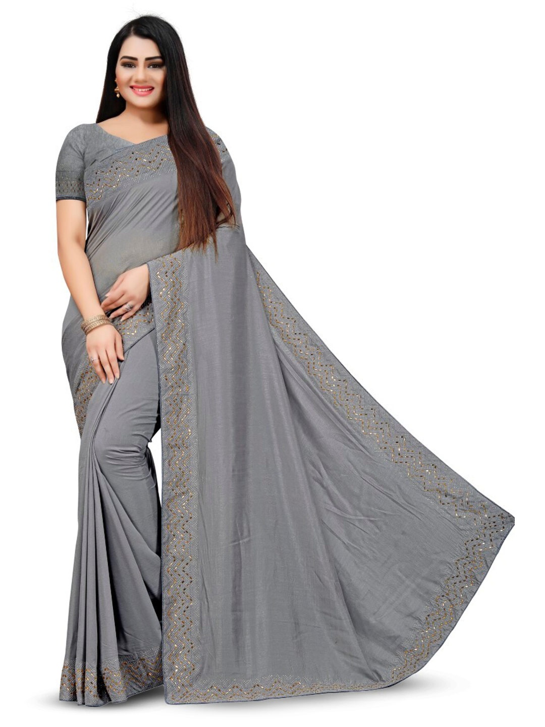 

PUNYATHA CREATION Beads And Stones Embellished Saree, Grey