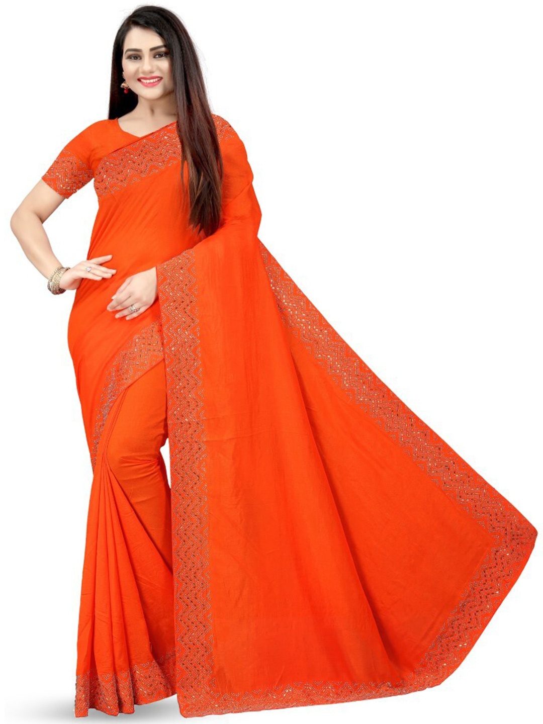 

PUNYATHA CREATION Beads and Stones Chanderi Saree, Orange