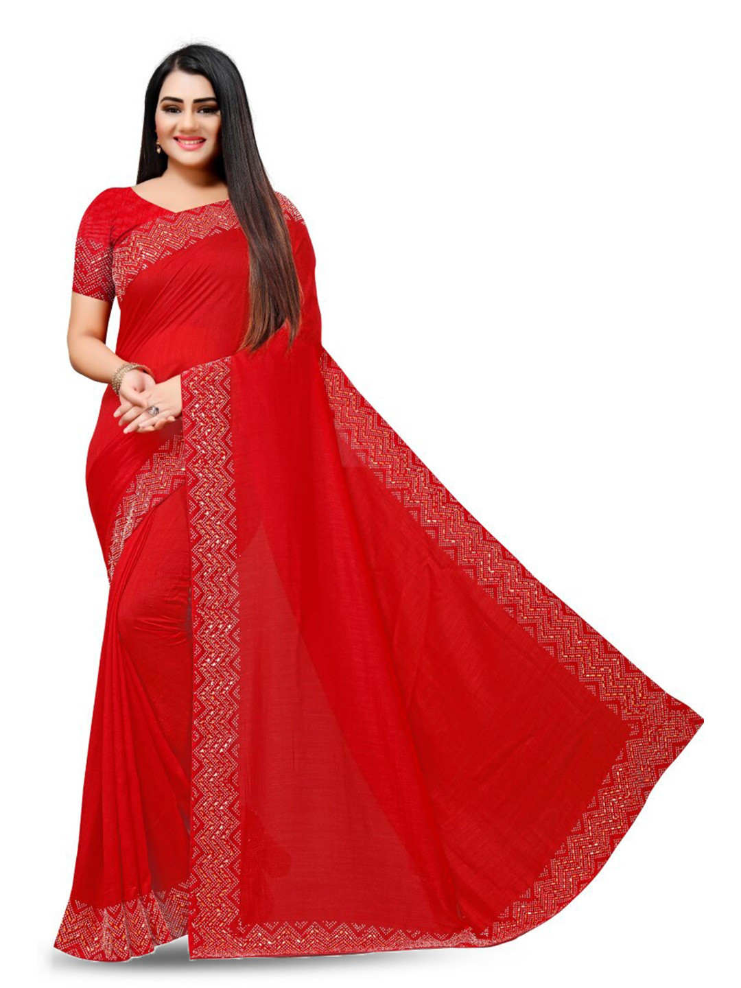 

PUNYATHA CREATION Beads And Stones Embellished Chanderi Saree, Red