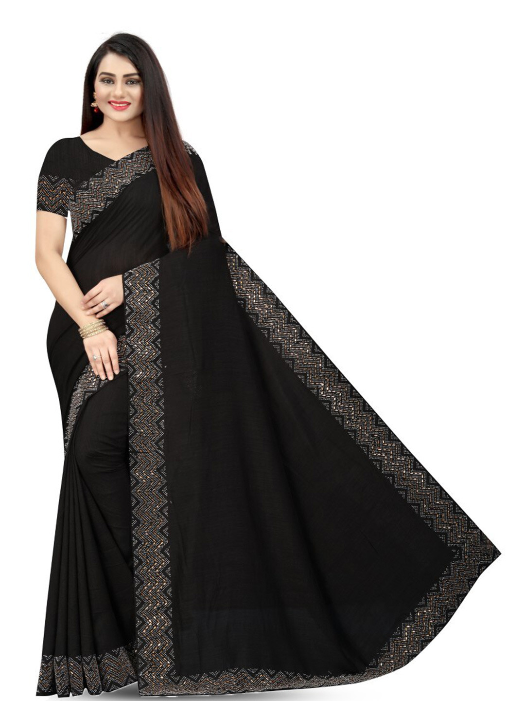 

PUNYATHA CREATION Beads And Stones Embellished Chanderi Saree, Black