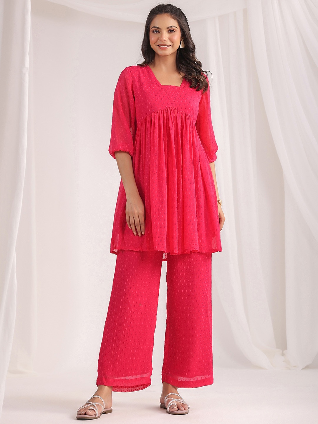 

KALINI Dobby Self Design Gathered Georgette Tunic & Palazzos, Pink