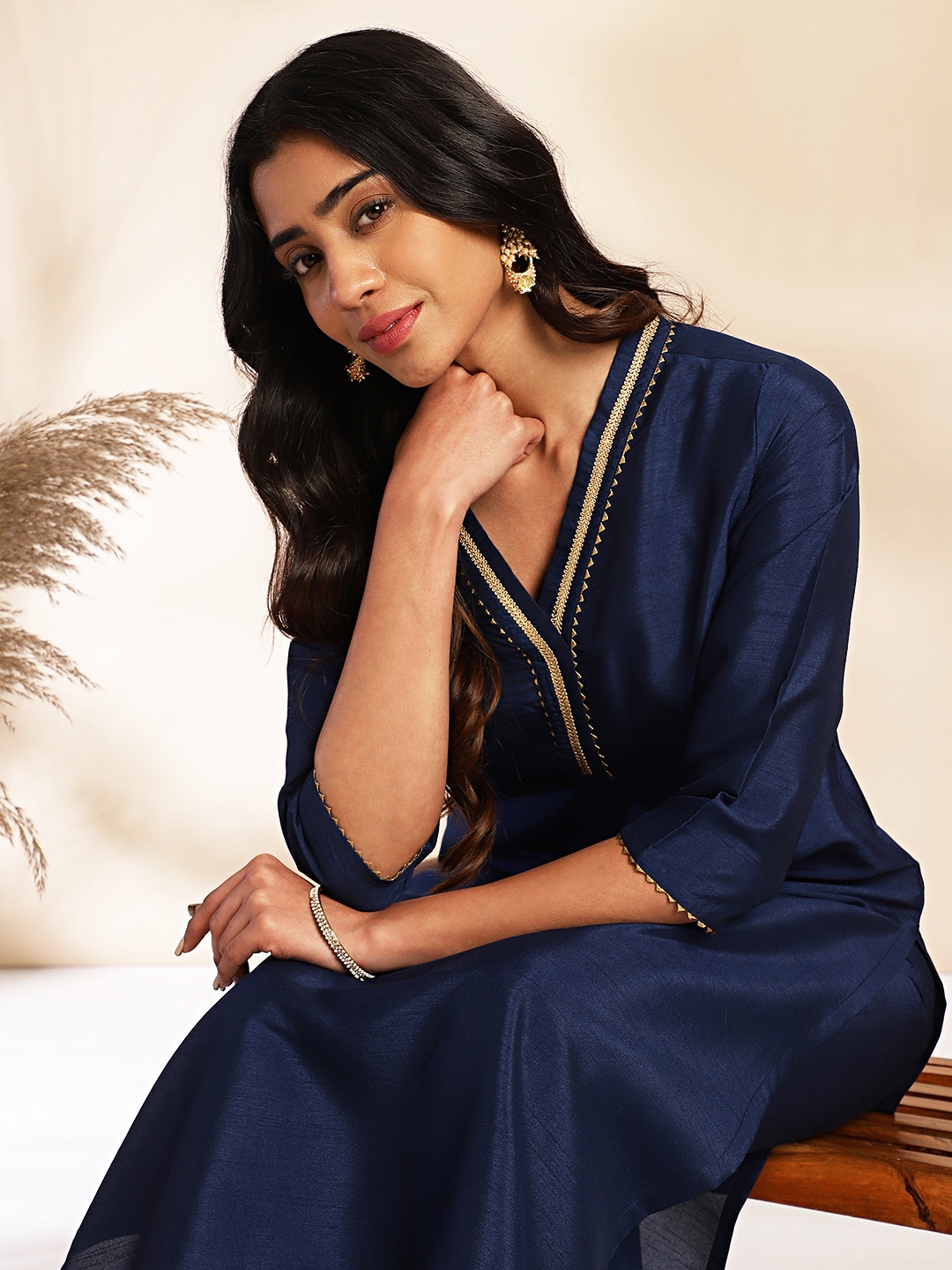 

KALINI Yoke Design Gotta Patti Kurta with Trousers, Navy blue