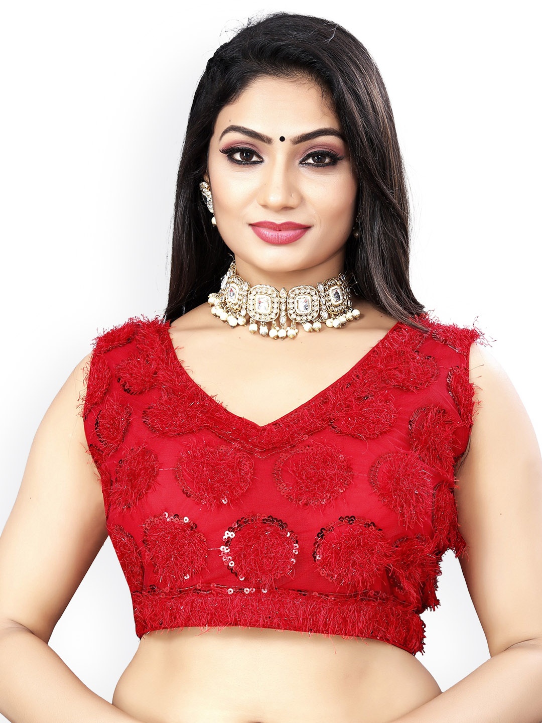 

Reeta Fashion Sequined Embroidered Padded Net Saree Blouse, Red