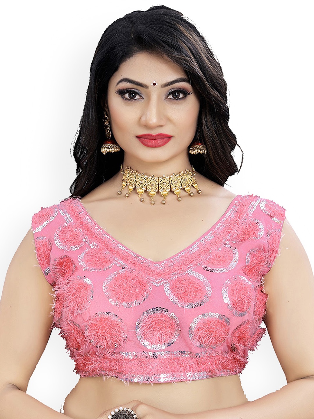 

Reeta Fashion Ribbon Sequinned Embroidered Readymade Saree Blouse, Pink