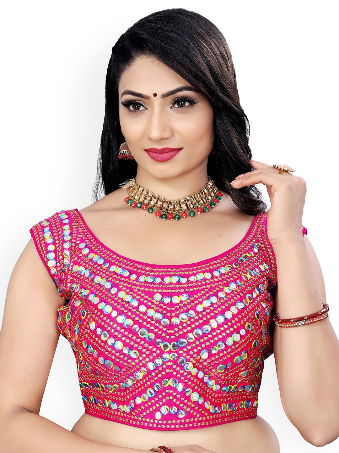 

Reeta Fashion Embroidered Mirror Work Padded Sleeveless Saree Blouse, Pink