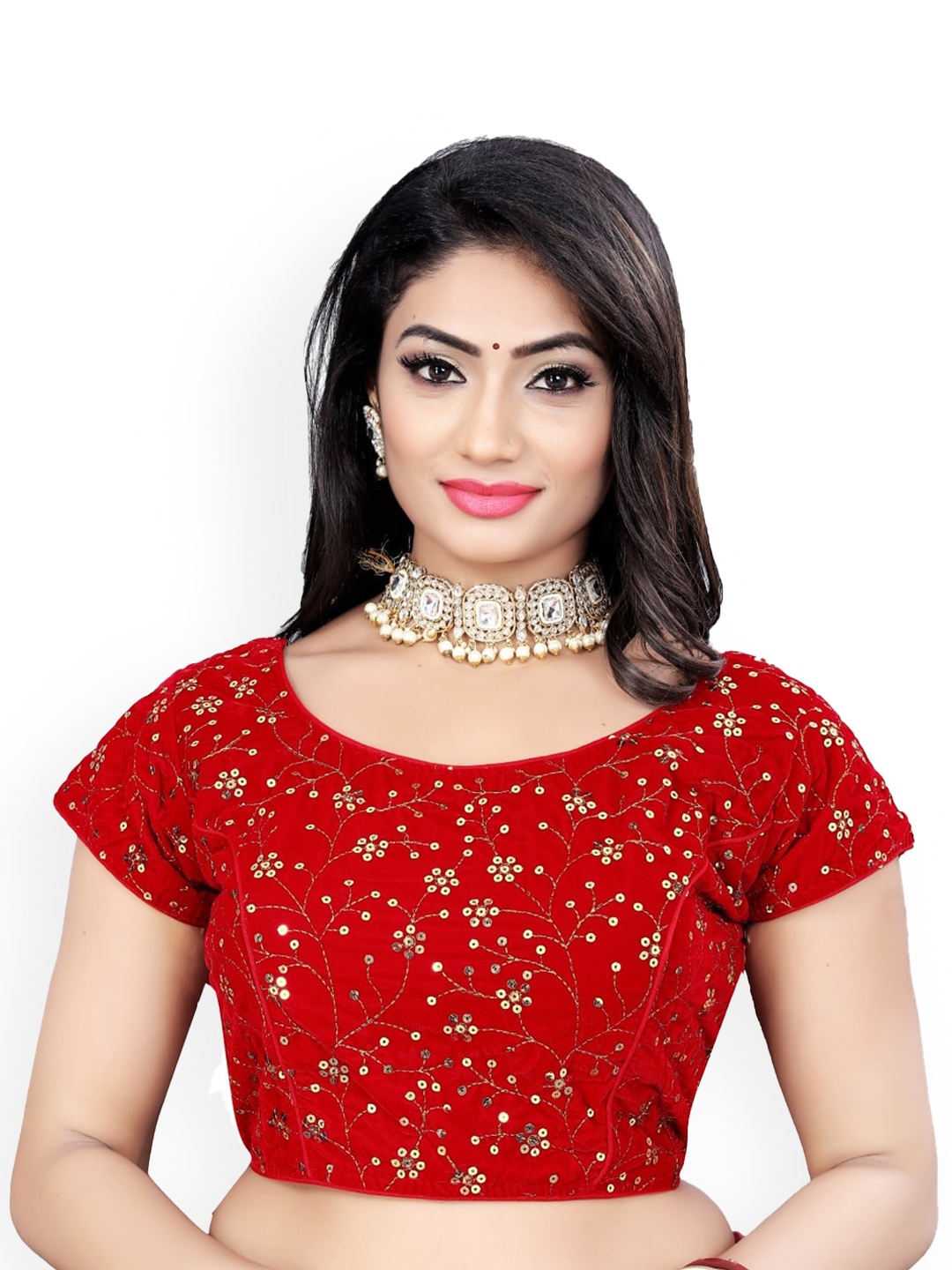 

Reeta Fashion Embroidered Sequinned Padded Velvet Saree Blouse, Red