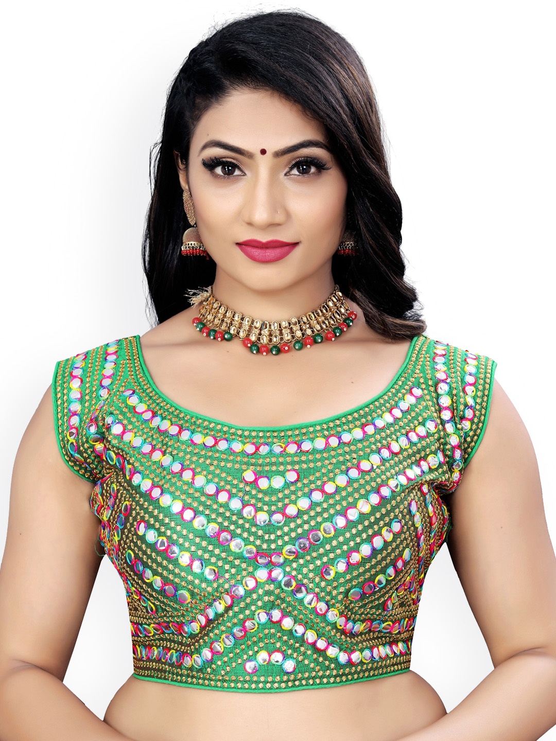 

Reeta Fashion Embroidered Mirror Work Padded Saree Blouse, Green