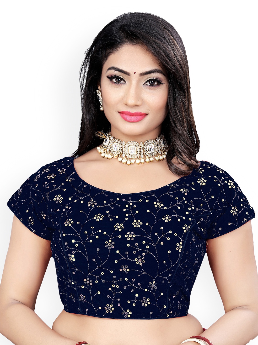 

Reeta Fashion Sequined Embroidered Padded Velvet Saree Blouse, Navy blue