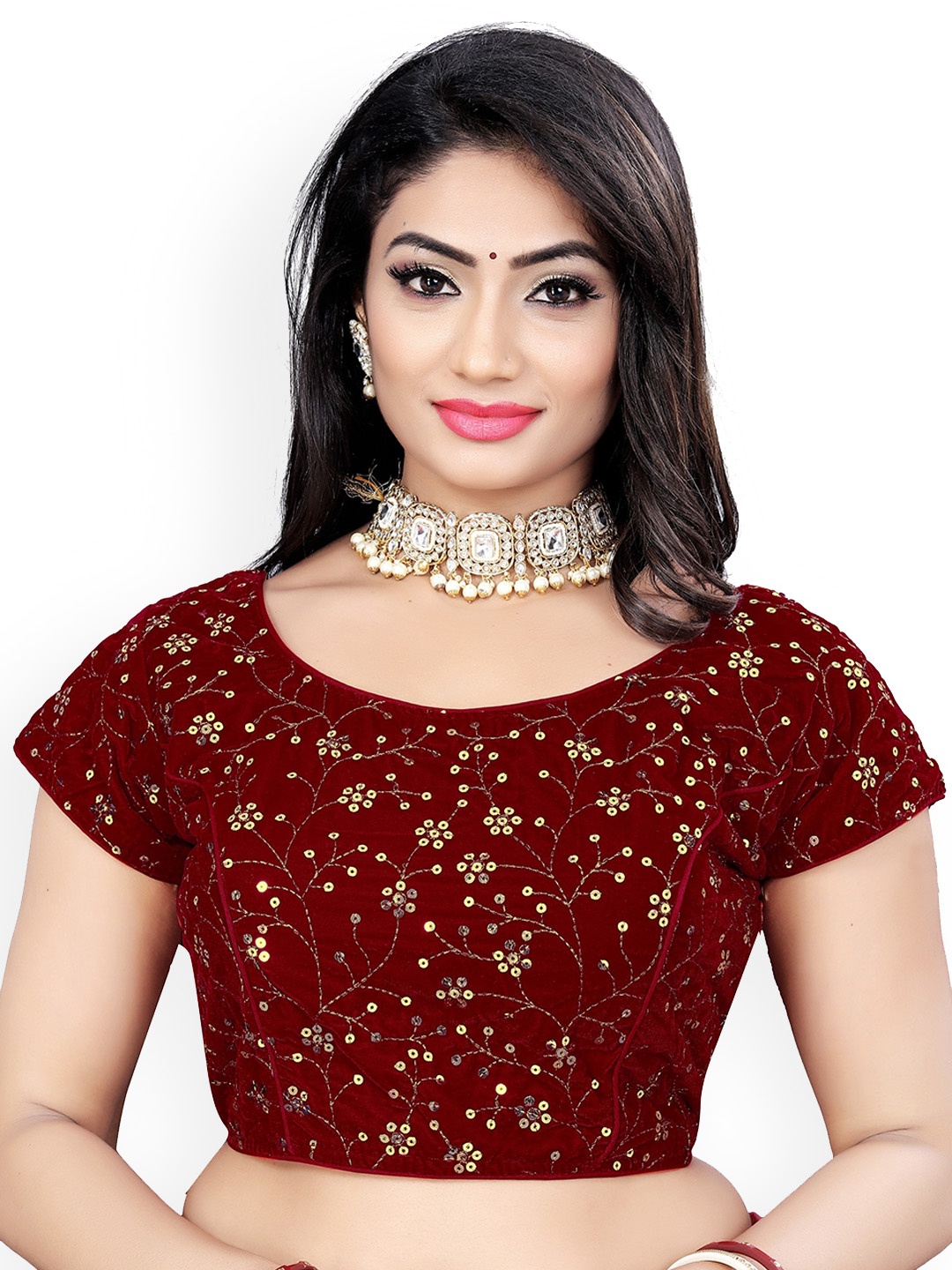 

Reeta Fashion Sequinned Embroidered Velvet Readymade Saree Blouse, Maroon
