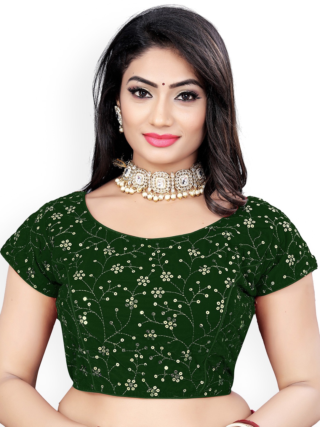 

Reeta Fashion Embroidered Sequinned Padded Velvet Saree Blouse, Green