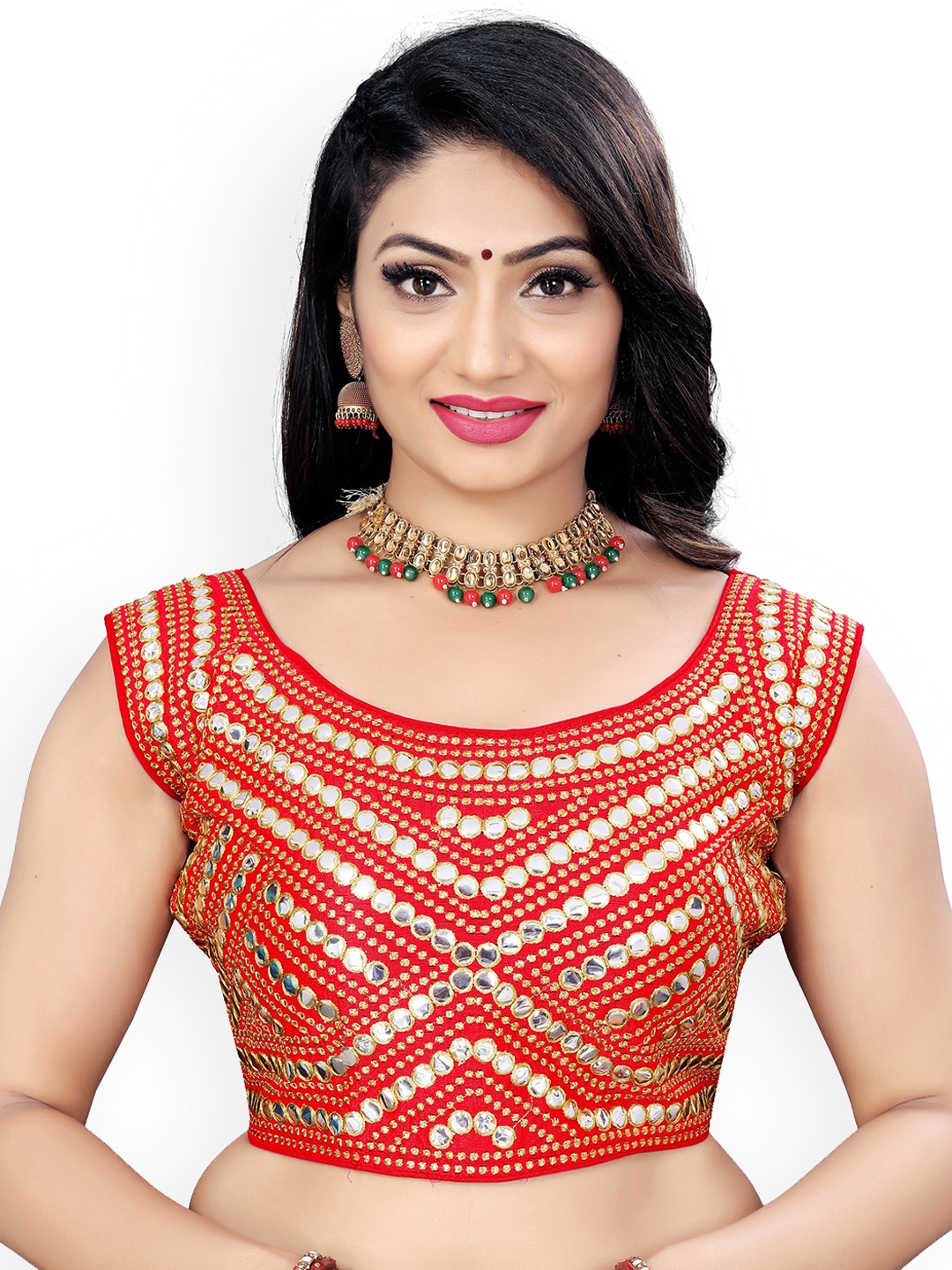 Reeta Fashion Mirror Embroidered Padded Saree Blouse, Red