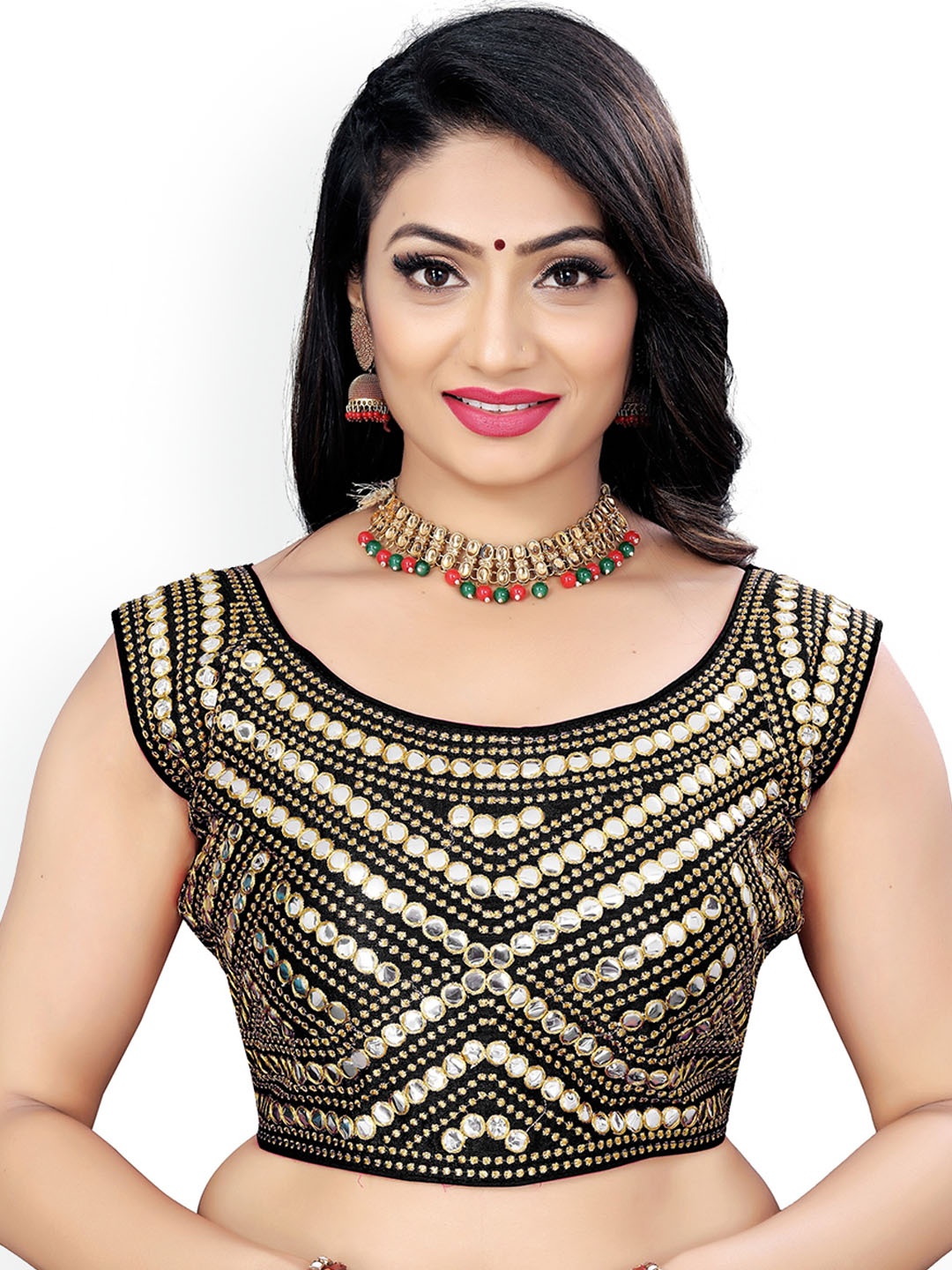 

Reeta Fashion Embroidered Mirror Work Padded Sleeveless Saree Blouse, Black