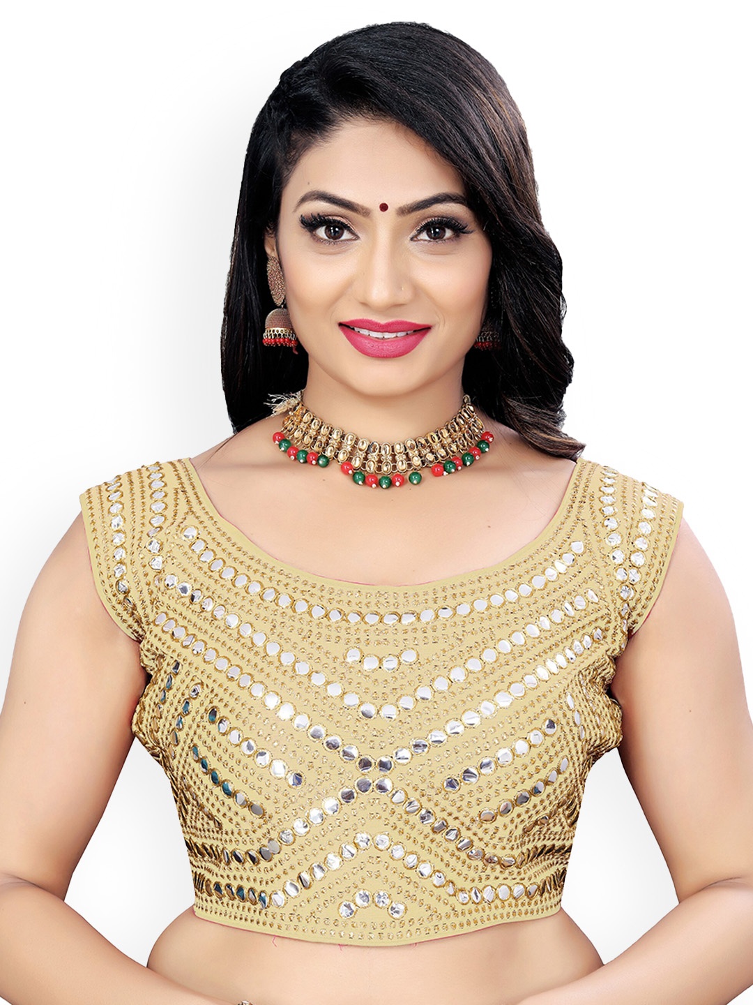 

Reeta Fashion Mirror Embroidered Padded Sleeveless Saree Blouse, Beige
