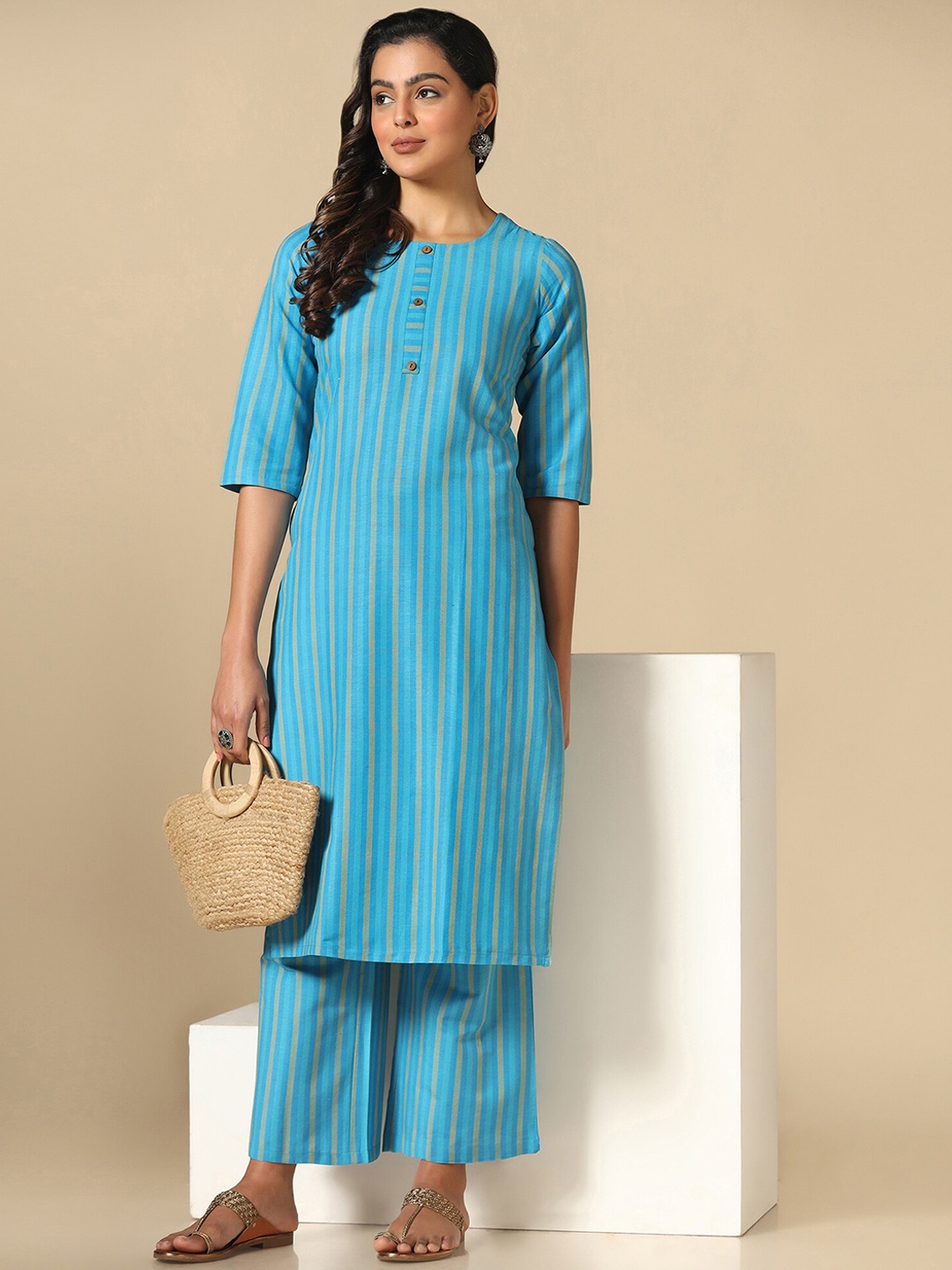

Shaily Striped Thread Work Kurta with Trousers, Blue