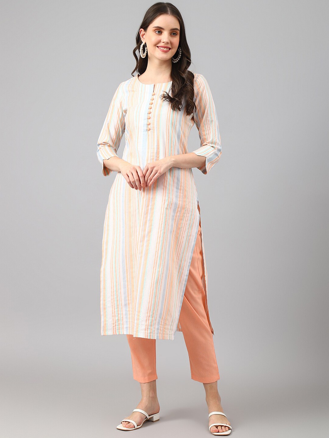 

Shaily Striped Straight Kurta With Trouser, Peach