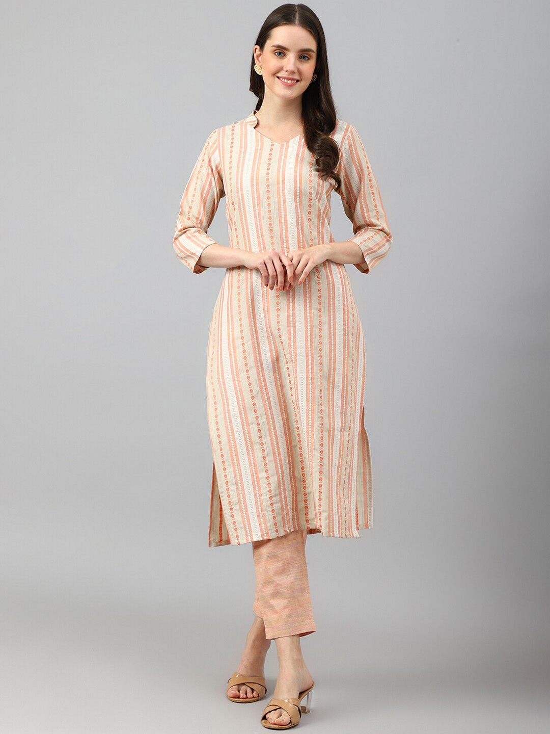 

Shaily Striped Mandarin Collar Three-Quarter Sleeves Straight Kurta with Trouser, Orange