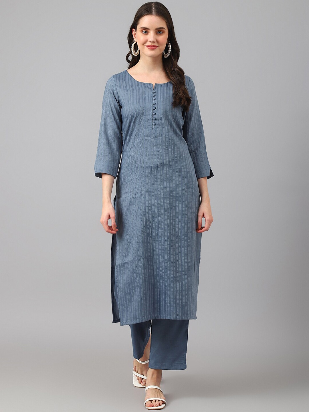 

Shaily Striped Thread Work Kurta with Trousers, Grey