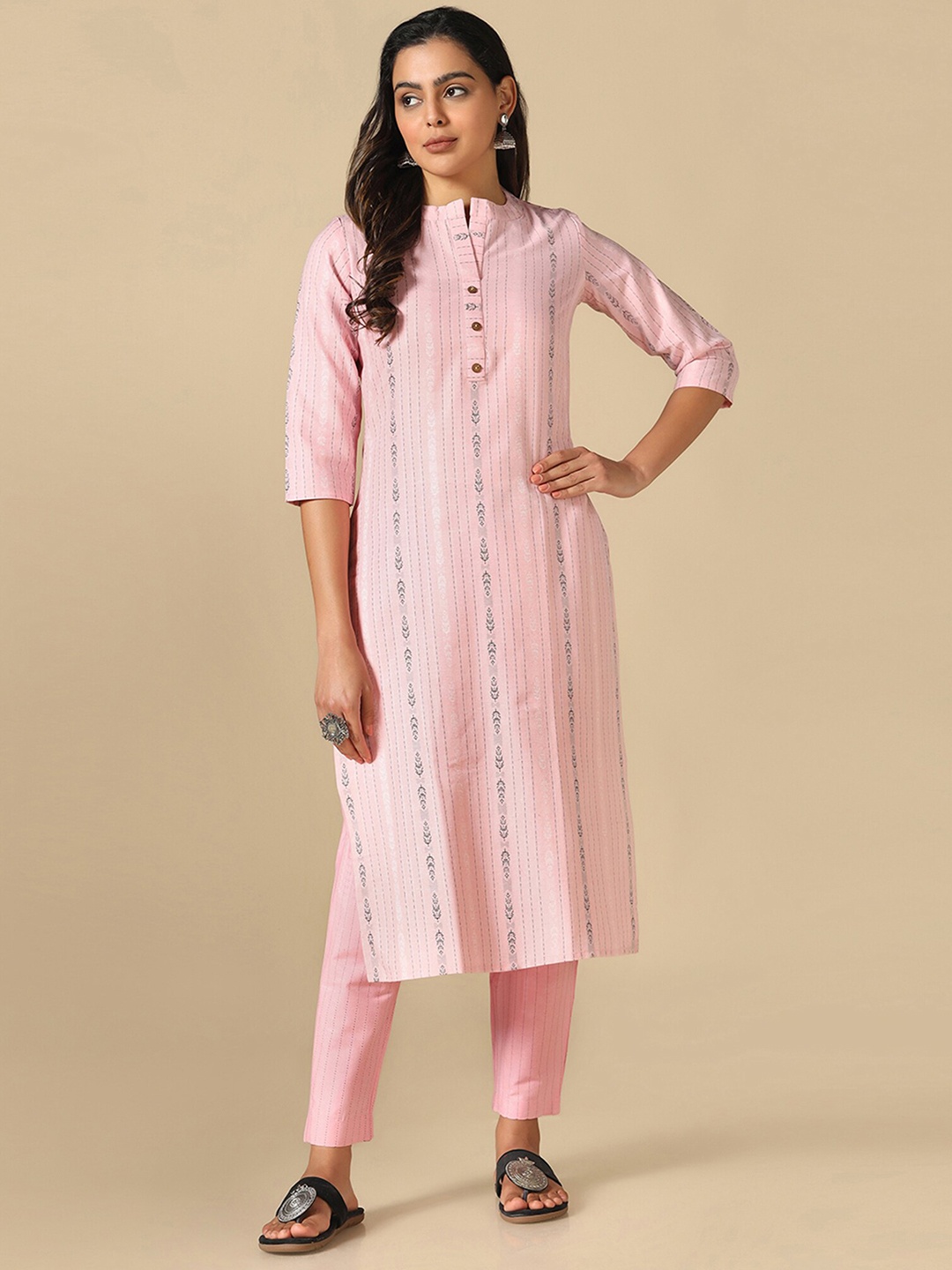 

Shaily Striped Round Neck Regular Straight Kurta With Trousers, Pink