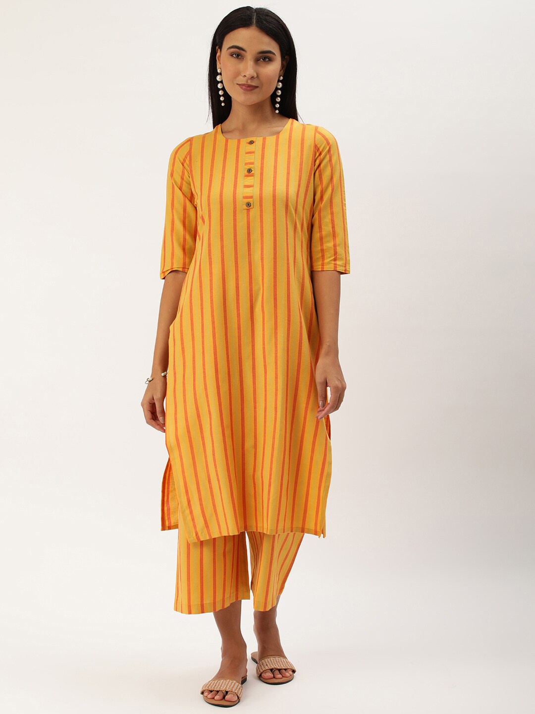 

Shaily Striped Round Neck Regular Straight Kurta With Trousers, Yellow