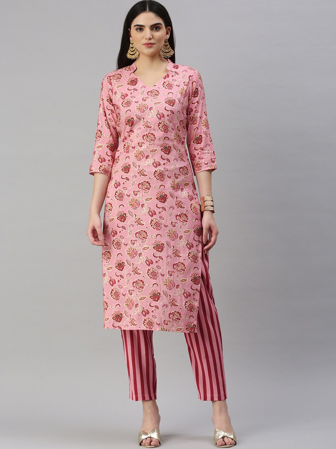 

Shaily Floral Printed Thread Work Chanderi Cotton Kurta with Trousers, Pink