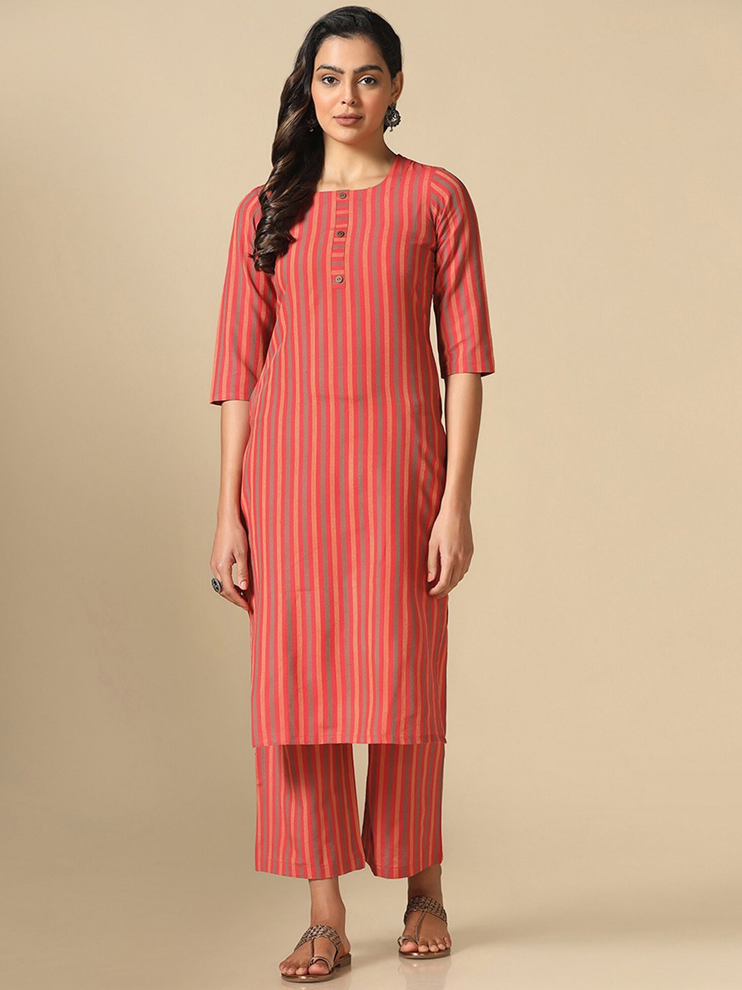 

Shaily Striped Regular Straight Kurta with Trousers, Red